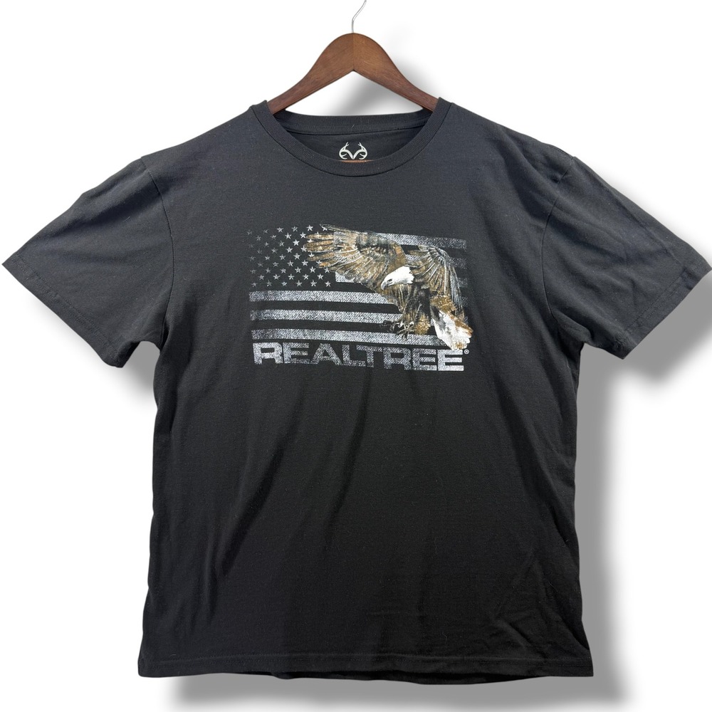 Realtree Mens Graphic T-Shirt Black Eagle‎ American Flag Short Sleeve Size M